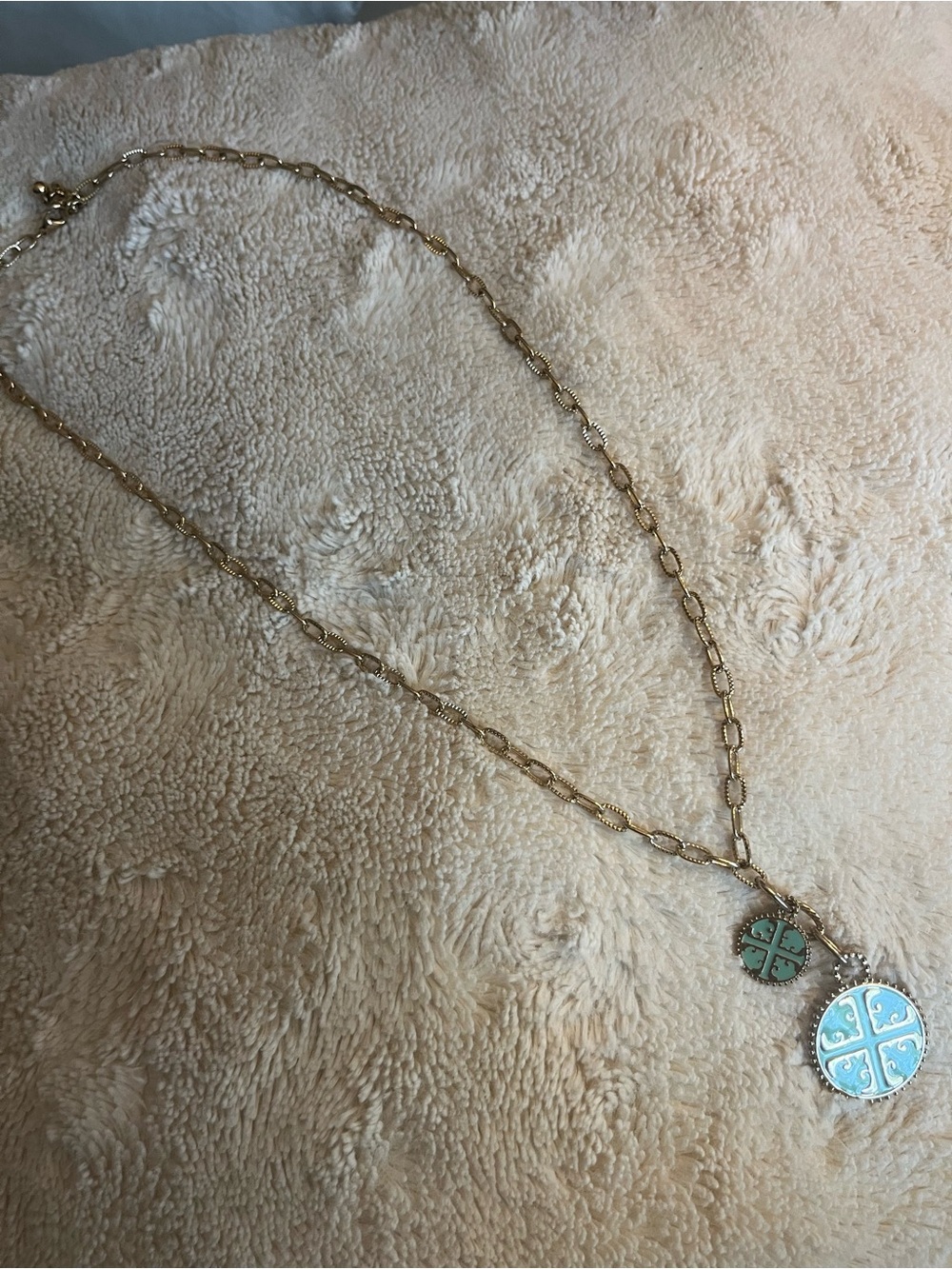 Gold-Tone Turquoise Color Faux Tori Burch Medallion Pendant Long Necklace - Picture 2 of 6